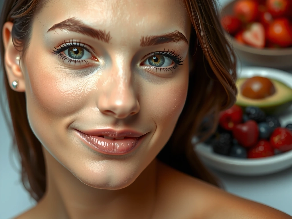 Piel sana y tersa con un brillo natural, con algunas frutas frescas y aguacates en el fondo desenfocado