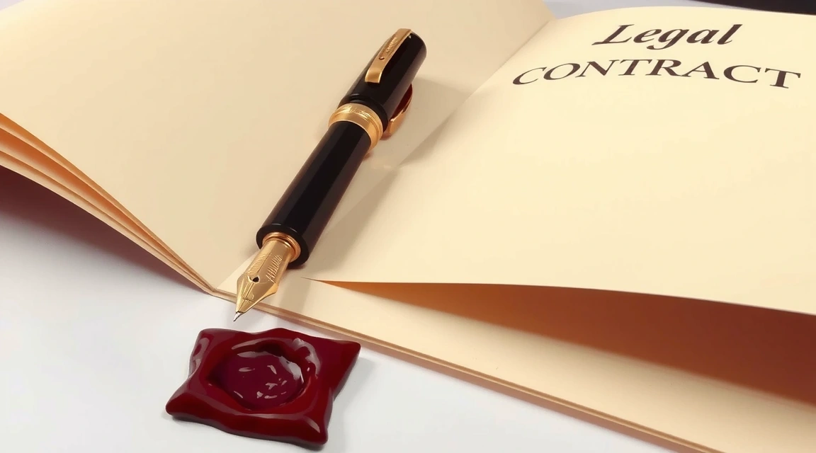 Ilustración de un documento legal o contrato con una pluma y un sello