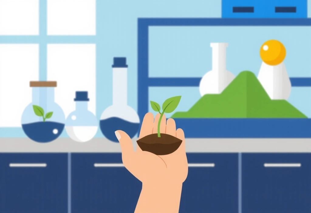 Ilustración de una mano sosteniendo una semilla germinando en un entorno de laboratorio, simbolizando la unión de la naturaleza y la ciencia.