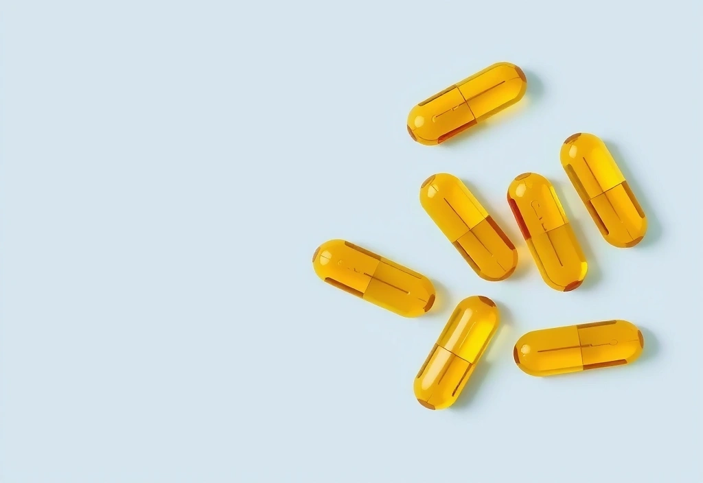 Cápsulas de Omega-3 sobre un fondo azul claro