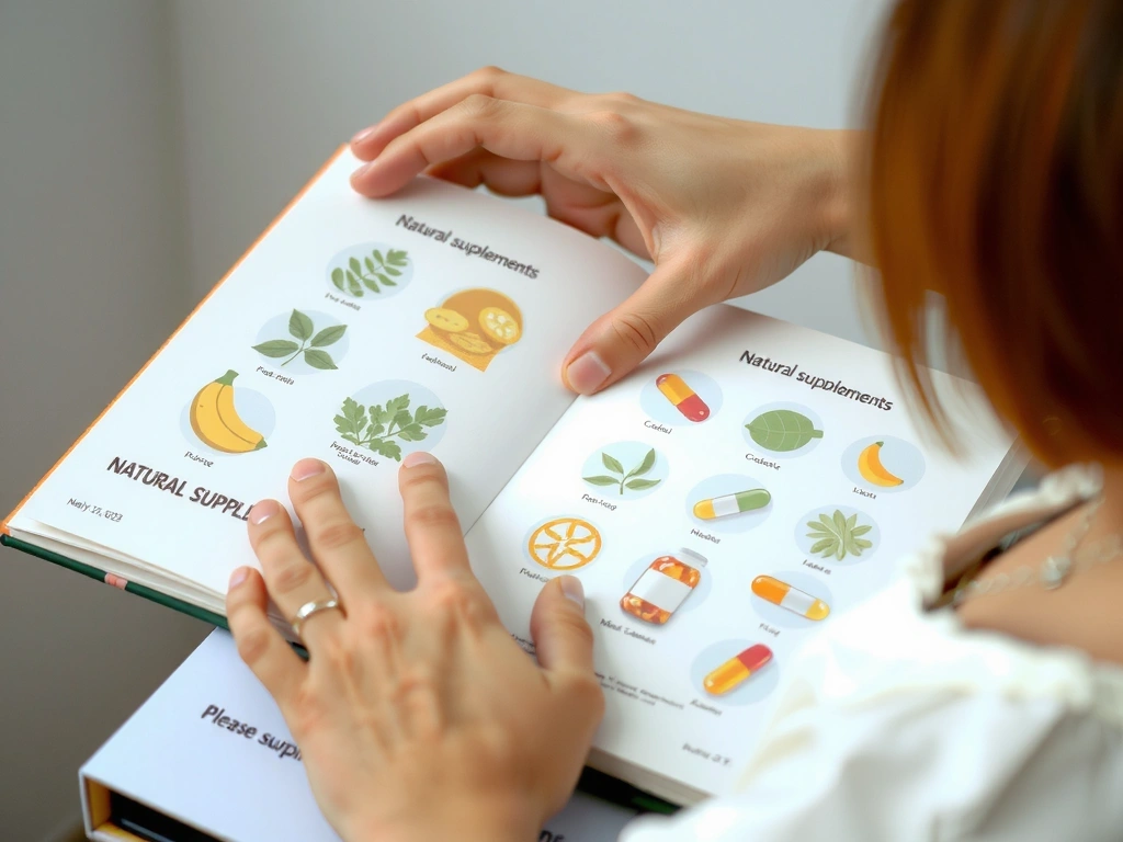 Persona leyendo una guía de suplementos con ilustraciones de plantas y cápsulas